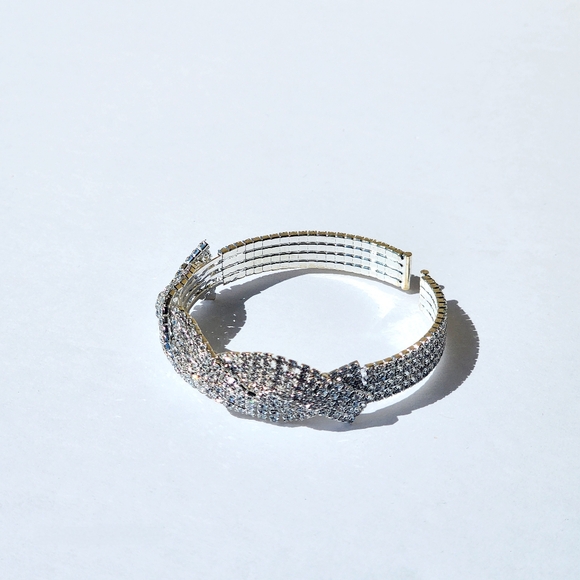 Women's Clear Rhinestones Braided Link Silver Open Wrist Cuff Bracelet - Picture 5 of 6